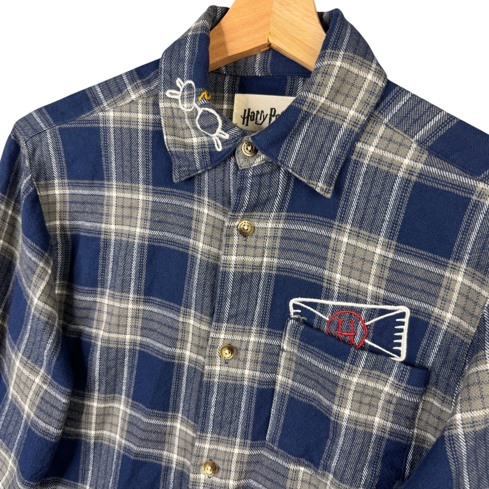 Cakeworthy Harry Potter You're A Wizard Flannel Shirt Blue Plaid S/P Embroidered
